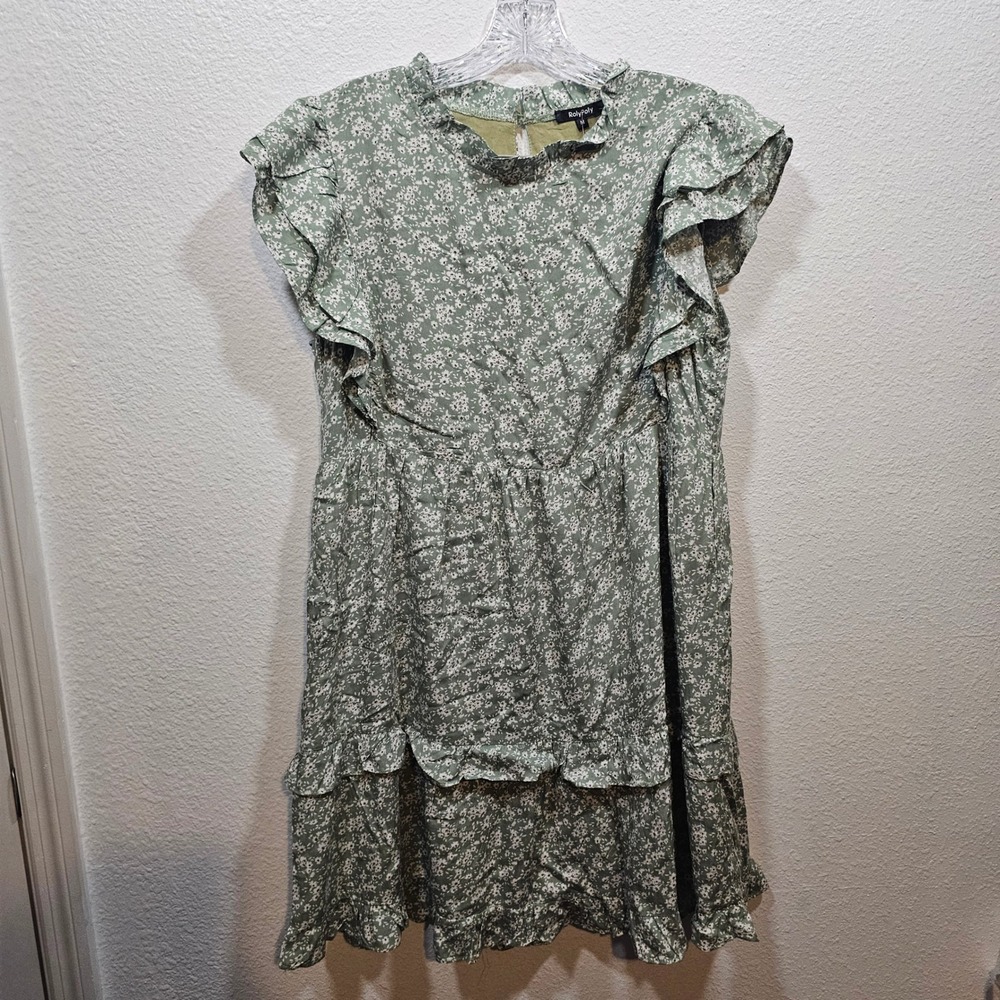 RolyPoly Sage Green Floral Ruffle Sleeve Pleated Mini Dress Medium NWT